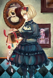 Rule 34 | 1girl, absurdres, aili (aliceandoz), alice margatroid, alternate costume, apron, blonde hair, blue eyes, book, capelet, card, checkered floor, cowboy shot, expressionless, fingernails, flower, grimoire of alice, hair flower, hair ornament, hairband, hat, highres, jewelry, kirisame marisa, lolita fashion, lolita hairband, looking at viewer, nail polish, neck ribbon, open book, pantyhose, patchouli knowledge, photo (object), playing card, profile, puppet rings, red flower, red rose, ribbon, ring, rose, short hair, sideways glance, solo, standing, striped clothes, striped pantyhose, touhou, vertical-striped clothes, vertical-striped pantyhose, waist apron, witch hat