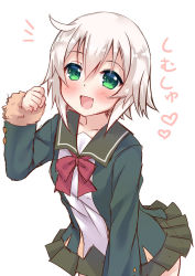 Rule 34 | 10s, 1girl, :d, green eyes, green jacket, green skirt, hair between eyes, heart, jacket, kantai collection, ko yu, long sleeves, open mouth, pleated skirt, red ribbon, ribbon, shimushu (kancolle), short hair, silver hair, simple background, skirt, smile, solo, white background