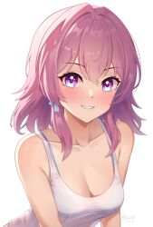 Rule 34 | 1girl, absurdres, artist name, blush, bra, breasts, cleavage, commentary, dated, earrings, english commentary, highres, honkai: star rail, honkai (series), jewelry, jisas, large breasts, march 7th (honkai: star rail), medium hair, pink hair, simple background, single earring, solo, tank top, two-tone eyes, underwear, white background