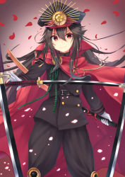 Rule 34 | &gt;:), 1girl, black hair, closed mouth, crest, family crest, fate (series), floating hair, hair between eyes, hat, highres, holding, holding sheath, holding sword, holding weapon, katana, kazuha (saku kn), koha-ace, long hair, looking at viewer, military, military hat, military uniform, oda nobunaga (fate), oda nobunaga (koha-ace), peaked cap, petals, red eyes, sheath, smile, solo, standing, sword, uniform, unsheathed, v-shaped eyebrows, weapon