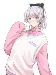 Rule 34 | 1girl, bang dream!, blue eyes, bow, grey hair, hair bow, highres, light blush, looking at viewer, pink shirt, ponytail, shirt, sleeves past wrists, smile, solo, sou (kanade 3344), sweater vest, upper body, wakamiya eve, white background