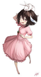 Rule 34 | 1girl, animal, animal ears, animal on head, bad id, bad pixiv id, barefoot, black hair, blush, rabbit, rabbit ears, rabbit on head, dress, female focus, from above, inaba tewi, on head, open mouth, perspective, red eyes, short hair, smile, solo, touhou, unowen