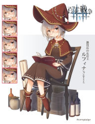 Rule 34 | 1girl, absurdres, black dress, blush, book, boots, bottle, brown capelet, brown eyes, brown footwear, brown hat, capelet, chair, chair tipping, closed mouth, collarbone, commentary request, coreytaiyo, crate, dress, expressions, glasses, grey background, grey hair, hat, highres, holding, holding book, long sleeves, looking at viewer, looking away, looking to the side, on chair, open book, open mouth, original, parted lips, round eyewear, russian text, sitting, smile, solo, translation request, twitter username, two-tone background, white background, wide sleeves, witch hat