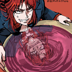 Rule 34 | 1boy, alcohol, black hair, collared shirt, commentary request, dated, formal, grin, ichijou seiya, kaiji, long hair, long sleeves, looking at viewer, lowres, male focus, medium bangs, necktie, red background, red hair, red shirt, reflection, reflective water, ripples, shirt, simple background, smile, solo, suit, unknown03162, upper body, white necktie, wine
