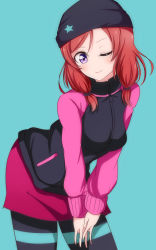 Rule 34 | 1girl, ;), bent over, black cardigan, black hat, black pantyhose, blue background, cardigan, closed mouth, hat, highres, leaning forward, long hair, long sleeves, looking at viewer, love live!, love live! school idol project, nishikino maki, one eye closed, pantyhose, pink sleeves, print headwear, purple eyes, red hair, simple background, smile, solo, star (symbol), star print, wewe