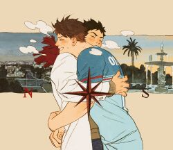 Rule 34 | 2boys, blue shirt, breath, brown background, brown hair, chengongzi123, city, closed eyes, coat, commentary, compass rose, facing to the side, fountain, grin, haikyuu!!, hand up, highres, hug, iwaizumi hajime, long hair, long sleeves, male focus, multiple boys, mutual hug, oikawa tooru (haikyuu!!), outdoors, palm tree, red scarf, scarf, shirt, short sleeves, smile, sunrise, sweat, sweater, symbol-only commentary, t-shirt, tree, upper body, very long hair, water, white coat, yaoi