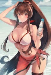 Rule 34 | 1girl, anchor, arm up, bikini, blue sky, bottle, breasts, brown hair, cloud, collarbone, cowboy shot, day, hair intakes, high ponytail, highres, holding, holding bottle, kantai collection, kasumi (skchkko), large breasts, long hair, navel, ocean, official alternate costume, outdoors, parted lips, ramune, red eyes, red sarong, sarong, sidelocks, sky, solo, stomach, swimsuit, thigh strap, very long hair, wet, white bikini, yamato (kancolle)