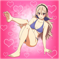 Rule 34 | 1girl, ass, bare arms, bare legs, bare shoulders, barefoot, bikini, black panties, blonde hair, blue bikini, blush, breasts, cleavage, collarbone, corrin (female) (fire emblem), corrin (fire emblem), feet, fire emblem, fire emblem fates, hairband, heart, highres, leg up, legs, long hair, looking at viewer, nintendo, panties, parted lips, partially visible vulva, red eyes, simple background, sitting, small breasts, smile, solo, swimsuit, thighs, toes, underwear, yuki (12cut)