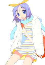 Rule 34 | 00s, 1girl, bag, blue eyes, blue scarf, coat, dress, hiiragi tsukasa, kusaka souji, lacoste, looking at viewer, lucky star, multicolored stripes, purple hair, scarf, short hair, simple background, solo, striped clothes, striped dress, white background