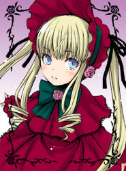 Rule 34 | 00s, 1girl, blonde hair, blue eyes, bonnet, bow, dress, flower, gradient background, green bow, ha-ru, long hair, looking at viewer, pink flower, pink rose, purple background, red dress, rose, rozen maiden, shawl, shinku, sidelocks, solo, twintails, upper body, white background