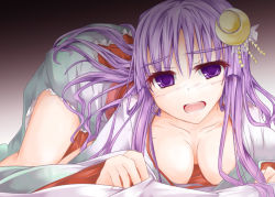 Rule 34 | 1girl, all fours, alternate costume, alternate hairstyle, blush, breasts, cleavage, collarbone, crescent, crescent hair ornament, downblouse, female focus, hair ornament, japanese clothes, kimono, long hair, looking at viewer, no headwear, no headwear, open mouth, patchouli knowledge, purple eyes, purple hair, solo, tano, touhou, very long hair