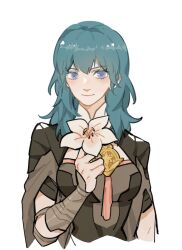 Rule 34 | 1girl, black coat, blue eyes, blue hair, breasts, bustier, byleth (female) (fire emblem), byleth (fire emblem), coat, double-parted bangs, fire emblem, fire emblem: three houses, flower, gauntlets, highres, holding, holding flower, julianlynnnn, large breasts, looking at viewer, medium hair, nintendo, simple background, solo, white background