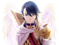 Rule 34 | alfonse (fire emblem), angel wings, armor, bad id, bad twitter id, blue eyes, blue hair, cape, fire emblem, fire emblem heroes, looking at viewer, male focus, nintendo, pauldrons, scale armor, shoulder armor, simple background, solo, wings, yori (a a yori)