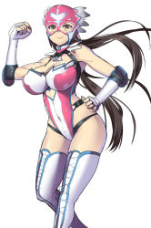 Rule 34 | 1girl, boots, breasts, brown hair, cleavage, covered erect nipples, covered navel, elbow pads, fingerless gloves, gloves, hand on own hip, jaycee (tekken), julia chang, large breasts, leotard, long hair, luchadora, mask, nagase haruhito, namco, tekken, tekken tag tournament 2, thigh boots, thighhighs, white leotard, wrestling mask, wrestling outfit