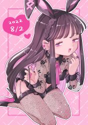 Rule 34 | 1boy, :d, animal ears, black hair, black wrist cuffs, bunny day, crossdressing, dated, ear piercing, earrings, fake animal ears, fake tail, fishnet thighhighs, fishnet top, fishnets, hand up, heart, heart earrings, high heels, highres, jewelry, looking at viewer, midriff, miniskirt, mizukiebiebi, mole, mole on leg, mole under mouth, open mouth, original, piercing, pink background, pink eyes, pink nails, pink ribbon, rabbit tail, ribbon, ring, sitting, skirt, smile, tail, thighhighs, trap, wrist cuffs