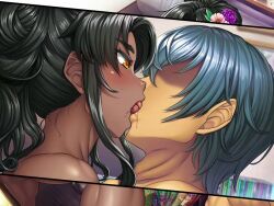 Rule 34 | 1boy, 1girl, alcohol, black hair, breasts, breasts out, cup, dark-skinned female, dark nipples, dark skin, drinking glass, face-to-face, faceless, faceless male, flower hair ornament, fuuma kotarou (taimanin series), game cg, green nails, hetero, huge breasts, imminent penetration, japanese clothes, kimono, lilith-soft, lips, long hair, mirabell bell, nail polish, nipples, no bra, open clothes, open kimono, open mouth, ponytail, saliva, shiny skin, sitting, smile, taimanin (series), taimanin rpgx, thick thighs, thighs, underwear, very long hair, wide hips, yellow eyes, yukata