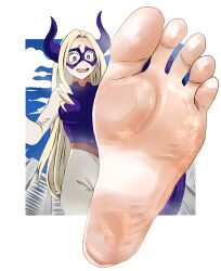 Rule 34 | 1girl, absurdres, barefoot, blonde hair, boku no hero academia, domino mask, feet, highres, horns, long hair, mask, mount lady, open mouth, purple eyes, soles, steam, ticklelove1, toes