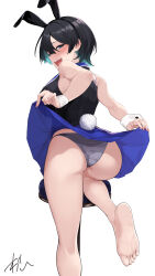 Rule 34 | 1girl, absurdres, animal ears, aqua hair, ass, bare shoulders, black hair, blue eyes, blush, bunny garden, clothes lift, fake animal ears, fake tail, flashing, from behind, hair between eyes, highres, leotard, miuka (bunny garden), multicolored hair, open mouth, oregano (olgn eao), panties, playboy bunny, rabbit ears, rabbit tail, short hair, signature, simple background, skirt, skirt lift, soles, solo, standing, standing on one leg, tail, two-tone hair, underwear, white background, wrist cuffs
