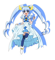 Rule 34 | 1girl, :d, bad id, bad pixiv id, black thighhighs, blue dress, blue eyes, blue hair, blue skirt, bow, brooch, cosplay, crown, cure princess, dress, full body, halo, happinesscharge precure!, head wings, heart, heart brooch, jewelry, long hair, magical girl, matching hair/eyes, mini crown, name connection, open mouth, parody, precure, princess form (smile precure!), pun, ribbon, shirayuki hime, shoes, sidelocks, skirt, smile, smile precure!, solo, thighhighs, twintails, wakatuki25, white background, wings