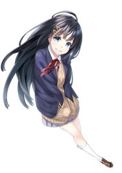 Rule 34 | 1girl, black hair, blazer, blue eyes, blush, full body, grin, hair ornament, hairclip, hands in pockets, jacket, loafers, long hair, looking at viewer, neck ribbon, original, pleated skirt, ribbon, school uniform, shoes, simple background, skirt, smile, solo, unowen, white background