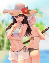 Rule 34 | 2girls, animal ears, ass, azur lane, back, back-to-back, beach, bikini, black bikini, black hair, blue sky, blurry, blurry background, blush, breasts, brown eyes, butt crack, choker, choukai (azur lane), cleavage, cloud, collarbone, day, dimples of venus, fingers to mouth, flower, groin, hair between eyes, hair ornament, hat, hat flower, highres, holding, holding weapon, katana, large breasts, long hair, looking at viewer, looking back, maya (azur lane), multiple girls, ocean, one eye closed, open mouth, outdoors, sand, see-through, short hair, side-tie bikini bottom, sidelocks, silver hair, sky, smile, stomach, striped bikini, striped clothes, sun hat, swimsuit, sword, thighs, tree, untied bikini, untied bikini top, v, weapon, wet, wristband, yellow eyes, you ni ge shaobing