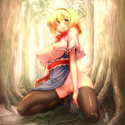Rule 34 | 1girl, alice margatroid, blonde hair, blue dress, blue eyes, blush, boots, breastless clothes, breasts, breasts out, cleft of venus, day, dress, female focus, female pubic hair, forest, functionally nude, kneeling, large breasts, looking at viewer, medium breasts, mushroom, nature, nipples, no bra, no panties, object insertion, open clothes, open shirt, outdoors, pubic hair, public indecency, pussy, pussy juice, revealing clothes, shirt, side slit, solo, squatting, thighhighs, touhou, tree, tro (trombe), uncensored, vaginal, vaginal object insertion