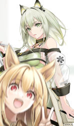 Rule 34 | 2girls, animal ear fluff, animal ears, arknights, bare shoulders, blurry, breasts, brown hair, cat ears, ceobe (arknights), choker, dog ears, dog girl, dress, fang, green dress, green eyes, green hair, hair between eyes, highres, holding, holding stylus, holding tablet pc, jacket, kal&#039;tsit (arknights), long hair, looking at viewer, medium breasts, multiple girls, off shoulder, open clothes, open jacket, open mouth, photobomb, red eyes, see-through, see-through sleeves, sideboob, signature, simple background, smile, star of life, stylus, tablet pc, twitter username, v, white background, white jacket, yokaze (yokajie)