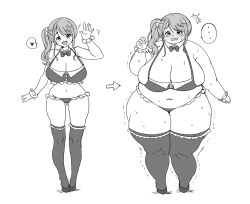 1girl before_and_after blush bone_hair_ornament bow breasts bursting_breasts choker cleavage cuffs curvy dasan242 embarrassed fat fat_woman hair_ornament huge_breasts large_breasts monochrome side_ponytail sideboob sweat tearing_up thick_thighs thighhighs thighs trembling waving weight_gain