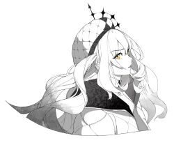 Rule 34 | 1girl, blue lips, commentary, cropped torso, fate/grand order, fate (series), from side, greyscale, hat, highres, jacket, looking at viewer, marie antoinette (alter) (fate), marie antoinette (alter) (first ascension) (fate), marie antoinette (fate), medium hair, monochrome, parted lips, partially colored, simple background, solo, twintails, upper body, yellow eyes, yukkuri (fumoyun)