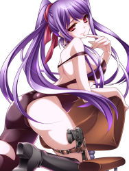 Rule 34 | 1girl, asymmetrical clothes, bare shoulders, blush, boots, breasts, chair, earrings, finger to mouth, from behind, gun, hair ribbon, handgun, highres, jewelry, kneeling, large breasts, long hair, looking at viewer, looking back, mole, mole under eye, monety, on one knee, open mouth, original, pantyhose, pistol, ponytail, purple hair, red eyes, ribbon, weapon