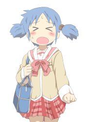 Rule 34 | &gt; &lt;, 1girl, bad id, bad pixiv id, bag, blue hair, bow, closed eyes, cube hair ornament, hair ornament, long sleeves, mihune, miniskirt, naganohara mio, nichijou, open mouth, pink skirt, plaid, plaid skirt, pleated skirt, school uniform, short hair, short twintails, simple background, skirt, solo, sweat, tokisadame school uniform, twintails, white background