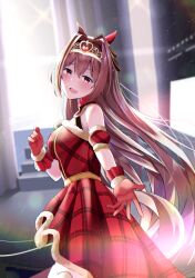 Rule 34 | 1girl, :d, animal ears, blurry, blurry background, breasts, brown hair, cac itinose, christmas, commentary request, daiwa scarlet (scarlet nuit etoile) (umamusume), daiwa scarlet (umamusume), depth of field, detached sleeves, dress, fur-trimmed dress, fur-trimmed sleeves, fur trim, gloves, hair between eyes, hair intakes, half updo, hand up, highres, horse ears, horse girl, horse tail, indoors, long hair, medium breasts, open mouth, plaid, plaid dress, plaid sleeves, pleated dress, red dress, red eyes, red gloves, red sleeves, smile, solo, tail, tiara, umamusume, very long hair