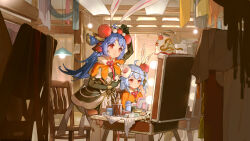 Rule 34 | 2girls, absurdres, ahoge, architecture, arm up, artist request, bili girl 22, bili girl 33, bilibili, window blinds, blue hair, chair, chinese commentary, chinese new year, closed mouth, commentary request, east asian architecture, hanging light, highres, indoors, lightning ahoge, long hair, makeup, multiple girls, official art, red eyes, red ribbon, ribbon, second-party source, short hair, siblings, side ponytail, sisters, thighhighs, wooden chair
