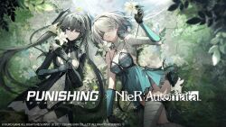 Rule 34 | 2b (nier:automata), 2girls, black hair, blindfold, breasts, copyright name, cosplay, crossover, flower, gloves, grey eyes, grey hair, hairband, highres, holding, holding flower, kaine (nier), kaine (nier) (cosplay), logo, long hair, lucia (punishing: gray raven), lying, medium breasts, multiple girls, nier:automata, nier (series), official art, punishing: gray raven, robot girl, second-party source, small breasts, white hair