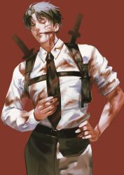 Rule 34 | 1boy, belt, black hair, black necktie, black pants, blood, blood on clothes, blood on face, bloody tears, blue eyes, chainsaw man, chest belt, cigarette, collared shirt, eulbhitomi, facial scar, hand on own hip, highres, holding, holding cigarette, injury, katana, kishibe (chainsaw man), kishibe (young) (chainsaw man), knife, looking at viewer, necktie, one eye closed, pants, red background, scar, scar on cheek, scar on face, shirt, shirt tucked in, short hair, simple background, sleeves rolled up, solo, sword, weapon, weapon on back, white shirt