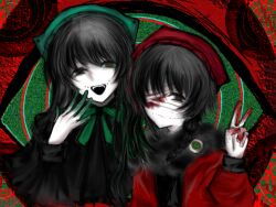 Rule 34 | 2girls, black capelet, black eyes, black hair, black shirt, blood, blood on face, braid, capelet, closed mouth, colored extremities, colored skin, facial mark, fingers to cheek, fur-trimmed jacket, fur trim, green eyes, green hat, green ribbon, hat, heterochromia, jacket, long hair, long sleeves, mark under both eyes, multiple girls, naihe (touqi guaitan) (female), neck ribbon, nianfenglai., open clothes, open jacket, open mouth, red hat, red jacket, ribbon, shirt, side braid, single braid, smile, touqi guaitan, v, white skin, wu song (touqi guaitan)