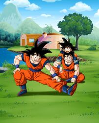 Rule 34 | 3boys, black eyes, black hair, blue footwear, blue wristband, brothers, dragon ball, father and son, grass, highres, multiple boys, muscular, muscular arms, muscular male, open mouth, pectorals, siblings, son gohan, son goku, son goten, tagme, tree