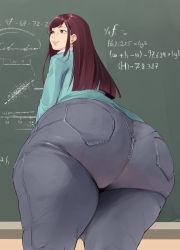 Rule 34 | 1girl, absurdres, ass, ass focus, bambooale, brown eyes, chalkboard, denim, glasses, highres, huge ass, jeans, long hair, long sleeves, math, original, pants, plump, smile, solo, thick thighs, thighs, wide hips