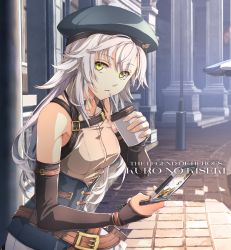 Rule 34 | 1girl, belt, beret, claieth, cup, disposable cup, drink, eiyuu densetsu, elbow gloves, fie claussell, gloves, hat, holding, holding cup, kuro no kiseki, long hair, looking at viewer, outdoors, solo, white hair, yellow eyes