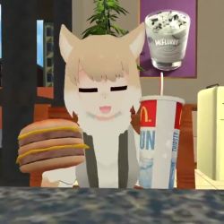 1girl 3d :d =_= animal_ears animated audible_music burger chair dancing drink drinking_straw food holding holding_drink holding_food kemono_friends mcdonald&#039;s video on_chair open_mouth restaurant shirt shoes short_hair sitting skirt smile solo sound tail tibetan_fox_(kemono_friends) virtual_youtuber yogurt_cap