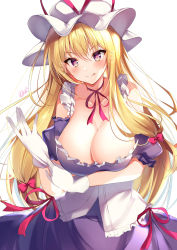 Rule 34 | 1girl, :p, absurdres, adapted costume, bare shoulders, blonde hair, blush, breasts, choker, cleavage, commentary request, dress, gloves, hair between eyes, hat, heart, highres, large breasts, long hair, looking at viewer, mob cap, nenobi (nenorium), off-shoulder dress, off shoulder, puffy short sleeves, puffy sleeves, purple dress, purple eyes, red choker, red ribbon, ribbon, ribbon choker, short sleeves, signature, simple background, smile, solo, tongue, tongue out, touhou, upper body, very long hair, white background, white gloves, white hat, yakumo yukari