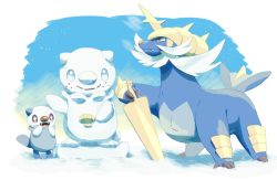 Rule 34 | + +, border, brown eyes, closed mouth, commentary request, creatures (company), fang, fang out, fangs, game freak, gen 5 pokemon, highres, holding, nintendo, no humans, open mouth, orange eyes, oshawott, pokemon, pokemon (creature), samurott, smile, snow, snow sculpture, tongue, torinoko (miiko draw), white border
