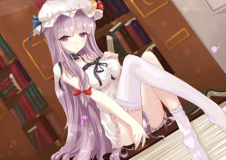 Rule 34 | 1girl, alternate costume, bad id, bad pixiv id, bare arms, bare shoulders, book, bookshelf, breasts, choker, collarbone, crescent, hair ribbon, hand on own chest, hat, large breasts, long hair, looking at viewer, nightgown, panties, patchouli knowledge, purple eyes, purple hair, ribbon, ribbon choker, sitting, solo, thighhigh dangle, thighhighs, touhou, tress ribbon, underwear, very long hair, white crow, white panties, white thighhighs