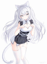 Rule 34 | 1girl, absurdres, animal ears, breasts, cat ears, cat girl, cat tail, cleavage, garter straps, grey eyes, highres, long hair, medium breasts, original, paw pose, simple background, snow is, solo, tail, thighhighs, two side up, white background, white hair, white thighhighs