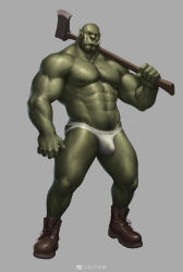 Rule 34 | 1boy, 6suan, abs, axe, bald, bara, boots, brown footwear, bulge, character request, check character, colored skin, fangs, full body, green skin, highres, holding, holding axe, jockstrap, large pectorals, leather footwear, male focus, male pubic hair, male underwear, mature male, monster boy, muscular, muscular male, navel, navel hair, nipples, orc, original, over shoulder, pectorals, pointy ears, pubic hair, short hair, solo, stomach, thick thighs, thighs, underwear, underwear only, weapon, weapon over shoulder, white male underwear