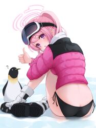 Rule 34 | 1girl, ?, animal, ass, bikini, bird, black bikini, blue archive, blush, boots, eimi (blue archive), eimi (swimsuit) (blue archive), goggles, goggles on head, halo, highres, jacket, long hair, long sleeves, official alternate costume, open mouth, penguin, pink eyes, pink hair, pink halo, pink jacket, ponytail, shijima (shijima tc), side-tie bikini bottom, solo, swimsuit, very long hair, white footwear