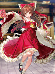 1girl armpits ascot black_shoes bow brown_eyes brown_hair detached_sleeves frilled_bow frilled_hair_tubes frills fujima_takuya hair_bow hair_tubes hakurei_reimu long_hair open_mouth red_bow red_skirt ribbon-trimmed_sleeves ribbon_trim shoes skirt skirt_set smile solo touhou yellow_ascot