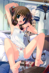 Rule 34 | 1girl, :o, absurdres, arm up, armpits, barefoot, bed, blue eyes, blush, bow, bow panties, brown hair, cable, camisole, child, cloud, computer, crumbs, cup, desk, drape, feet, flat chest, food, frilled panties, frills, gotou nao, hair ribbon, headphones, headphones around neck, highres, indoors, laptop, lingerie, long hair, looking at viewer, mug, open mouth, original, panties, pillow, pocky, ribbon, school uniform, serafuku, short hair, sitting, sky, soles, solo, sony, spread legs, toes, twintails, underwear, underwear only, white panties, window, yawning