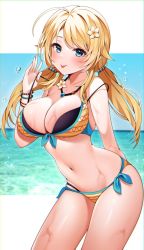 Rule 34 | 1girl, ahoge, bad id, bad twitter id, bare shoulders, bikini, black bikini, blonde hair, bracelet, breasts, cleavage, cowboy shot, flower, front-tie bikini top, front-tie top, hachimiya meguru, hair flower, hair ornament, hand up, highres, idolmaster, idolmaster shiny colors, jewelry, large breasts, layered bikini, long hair, looking at viewer, low twintails, multi-strapped bikini, navel, necklace, ocean, orange bikini, outside border, reel (riru), side-tie bikini bottom, smile, solo, spaghetti strap, stomach, strap pull, swimsuit, thighs, tongue, tongue out, twintails, water, wet