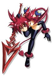 Rule 34 | 1girl, bangle, bent over, boots, bracelet, demon girl, demon tail, demon wings, disgaea, elbow gloves, elder spear, etna (disgaea), full body, gloves, jewelry, pointy ears, polearm, prinny, red eyes, red hair, roura, short hair, simple background, solo, spear, tail, thigh boots, thighhighs, weapon, wings